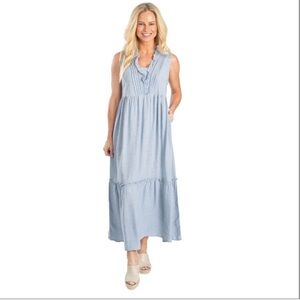 Ruffle Chambray Tiered Sun Dress Linda Anderson Size Small Blue